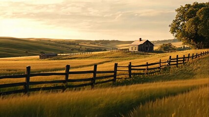 Wall Mural - Golden hour sunlight illuminates a rustic farmhouse on a rolling hillside, surrounded by a wooden fence and a field of tall grass.