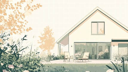 Poster - Cozy silhouette of a house with a garden, capturing warmth and tranquility during a sunny afternoon. Generative AI
