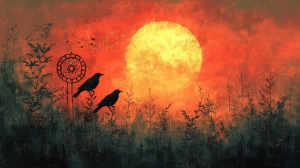 Wall Mural - Two birds perched on plants at sunset, dreamcatcher in the foreground.