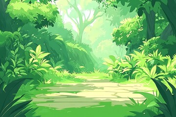 Wall Mural - a serene, lush green pathway surrounded by vibrant foliage, inviting exploration and evoking a sense