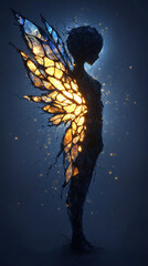 Wall Mural - mystical figure with glowing wings stands in dark background, radiating light