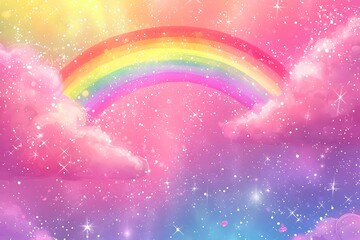 Wall Mural - A vibrant, dreamy scene featuring a colorful rainbow arching across a pink, starry sky filled with fluffy clouds.