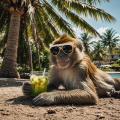 Wall Mural - A monkey wearing sunglasses, lounging under a palm tree with a coconut drink.