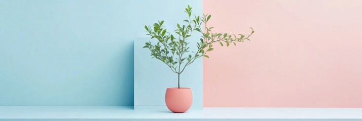 Poster - stylized indoor plant arrangement against soft pastel backdrop in modern decor setting. generative a
