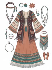 Wall Mural - Boho Chic Outfit Design Featuring Embroidered Vest and Long Skirt