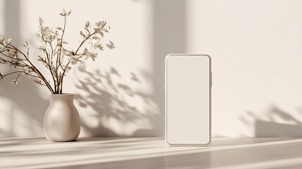 Poster - Smartphone with blank screen displaying near blooming flowers in vase on table
