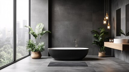 Aufkleber - Modern bathroom interior with black oval bathtub and city view