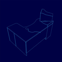 Poster - Blue drawing of a desk with a chair and a computer monitor. The desk is rectangular and has a curved top