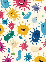 Poster - Cartoon microbes in vibrant colors displaying joy through smiles and quirky shapes for a playful atmosphere. Generative AI