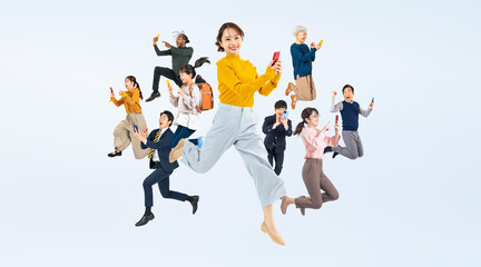 Aufkleber - スマホ、ジャンプ、グループ、大勢、多人数、複数、アプリ、DX、キャンペーン、web、インターネット、オンライン、セール、eコマース、ECサイト、通販、ネット、SNS、メール、喜ぶ、嬉しい、ラッキー、チャレンジ、飛び出す、ビジネス、小学生、子供、世代、シニア、ミドルエイジ、集合、男性、女性、日本人、外国人、笑顔、ポジティブ、スマートフォン、モバイル、携帯電話、ソーシャルメディア、クーポン、ポイント、