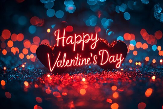 Red bokeh lights background with Happy Valentines Day