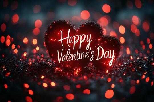 Red bokeh lights background with Happy Valentines Day