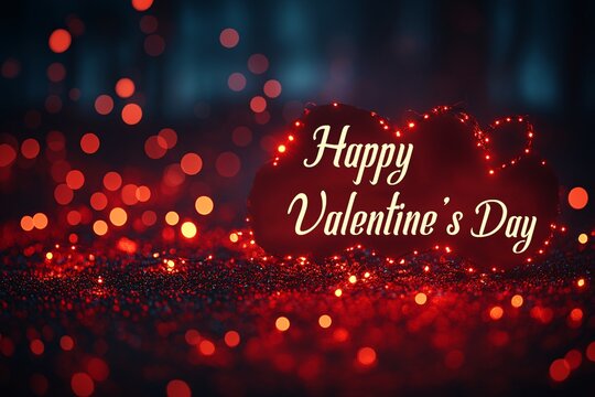 Red bokeh lights background with Happy Valentines Day