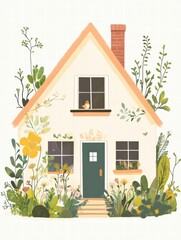 Poster - Cozy silhouette of a charming house surrounded by a vibrant garden with a warm atmosphere and inviting details. Generative AI