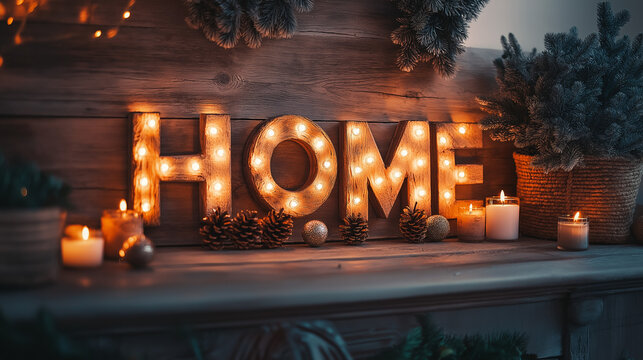 Word 'HOME' written in glowing fairy lights, placed on a rustic wooden mantel with cozy decorations like candles and small plants