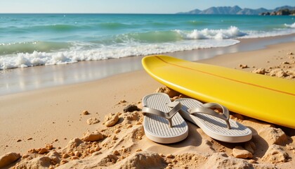 Flip-flops and a yellow surfboard resting on the sandy beach with ocean waves