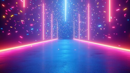 Poster - Colorful neon tunnel with vibrant lights illuminating a dark pathway for an immersive experience valentine day