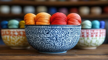 Wall Mural - Colorful threads arranged in a decorative bowl on a wooden surface for crafting