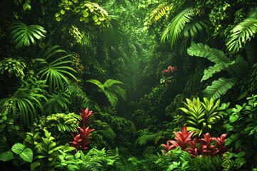 Wall Mural - Lush Tropical Jungle with Vibrant Foliage and Sunlit Canopy