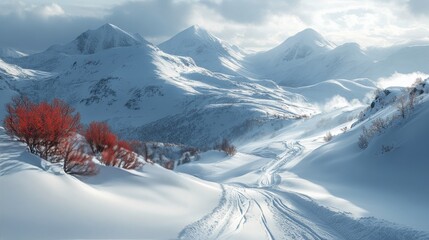 Wall Mural - Winter landscape featuring a snowy mountain road under a blue sky