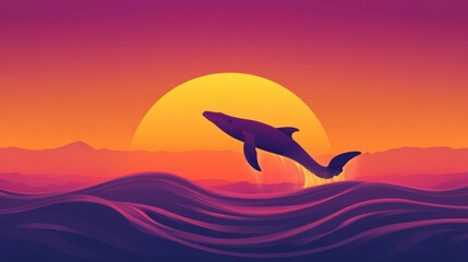 Poster - Whale breaching against a vibrant sunset over calm ocean waves. Generative AI