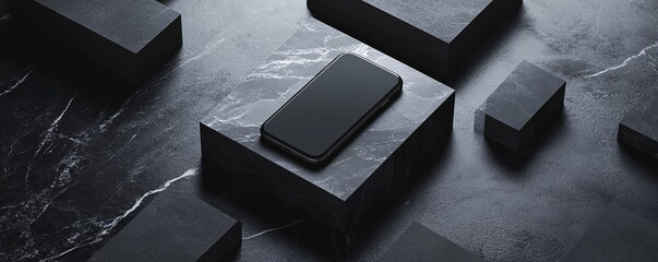 Aufkleber - Modern smartphone resting on black marble cube displaying blank screen