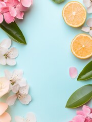Aufkleber - Bright spring arrangement featuring flowers and citrus on a pastel blue background capturing a refreshing seasonal vibe. Generative AI