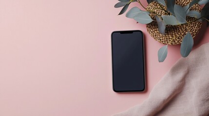 Poster - Smartphone with blank screen displaying on pink table with eucalyptus leaves and beige cloth