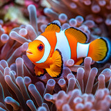 Vibrant orange and white clownfish nestled amongst sea anemone tentacles.