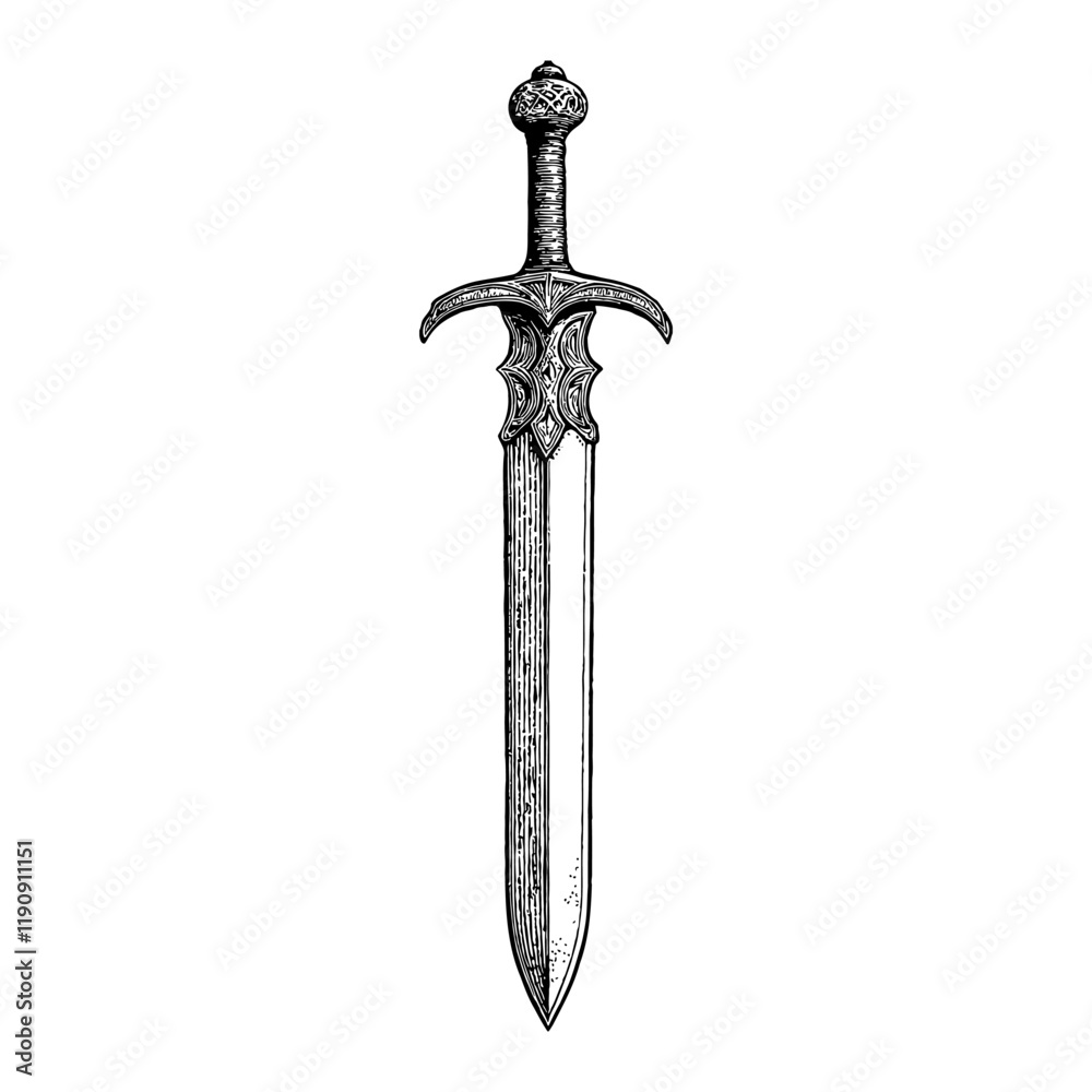 Medieval Sword with Intricate Details in Black and White Outline Line ...