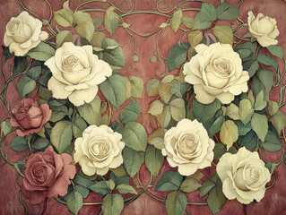 Canvas Print - Stylized roses and vines in dusty rose tones create vintage floral design