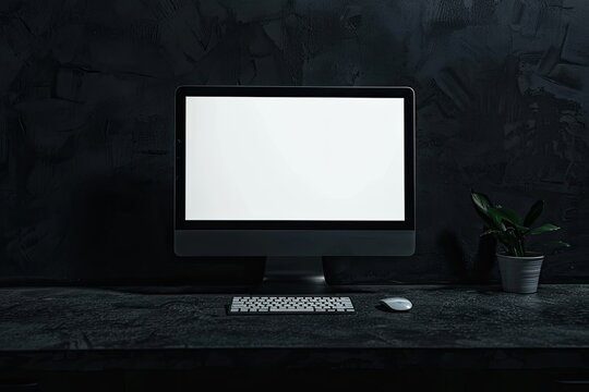 Detailed Picture of Computer Screen Mockup in Dark Room with Generative Ai