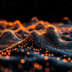 Poster - Abstract Glowing Orange Particle Peaks. Big Data Visualization, Technology or Blockchain Concept.
