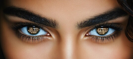 Poster - close-up of woman s eyes with a glowing digital grid of binary code, digital footprint