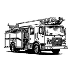Wall Mural - fire truck vehicle with side view black and white outline line art drawing of emergency transport