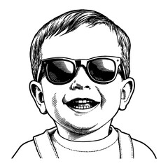 Wall Mural - smiling baby boy wearing sunglasses in detailed black and white outline line art drawing