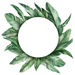 Poster - A circular frame composed of vibrant green tropical leaves provides a blank space for text or images.