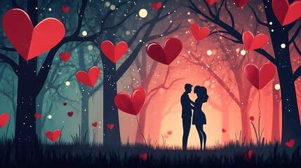 Canvas Print - Silhouette couple embracing in enchanted forest with red heart-shaped balloons.