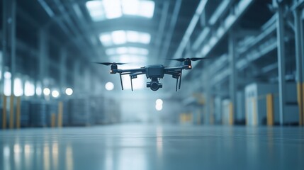 Poster - modern quadcopter drone with camera flying through large industrial warehouse or factory building, m