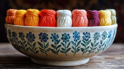 Wall Mural - Colorful threads arranged in a decorative bowl on a wooden surface for crafting