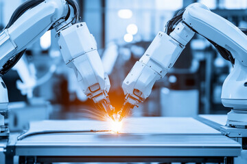 Poster - Robotic arms welding at modern manufacturing facility