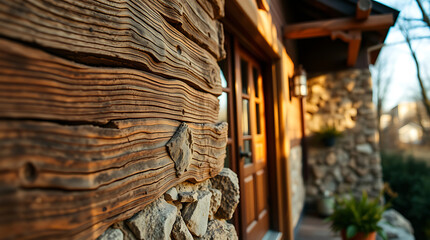 Wall Mural - Rustic Charm: A Close-Up of Weathered Wood and Stone Exterior Wall