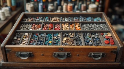 Wall Mural - Colorful spools of thread arranged neatly in a wooden tray at a creative workspace