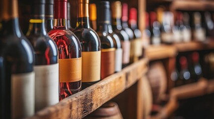 Poster - A beautifully arranged wine collection on rustic wooden racks in a dimly lit cellar, creating a timeless and warm atmosphere perfect for wine lovers