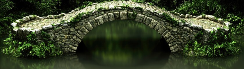 Wall Mural - Stone Bridge Spanning a Tranquil Forest Pond Surrounded by Lush Greenery and Reflections