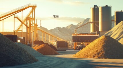 Poster - A bright industrial setting with large piles of mineral resources ready for shipment, showcasing supply chain logistics in full operation under clear, bright skies