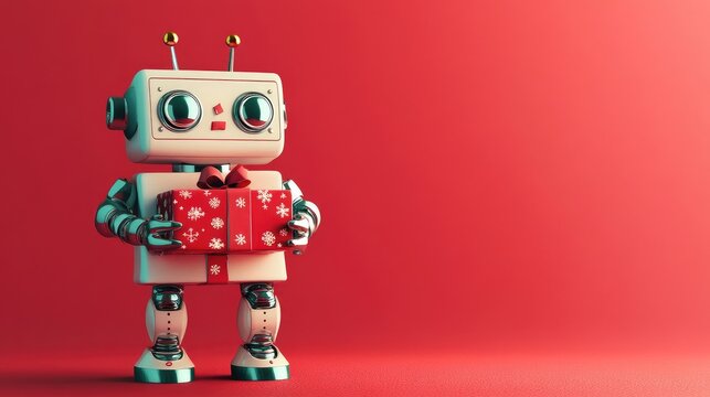 A charming robot holding a gift box on a red background, creating a joyful and fun atmosphere, ideal for use in holiday-themed designs or greeting cards