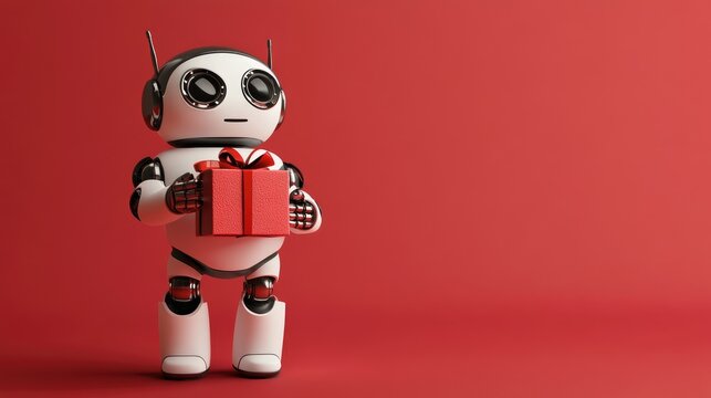 A charming robot holding a gift box on a red background, creating a joyful and fun atmosphere, ideal for use in holiday-themed designs or greeting cards