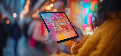 Woman uses tablet, city lights blurred background