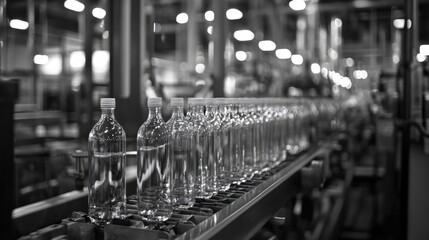 Aufkleber - A close-up of clear bottles on a production line, gleaming under bright factory lights in a perfectly organized, repetitive pattern